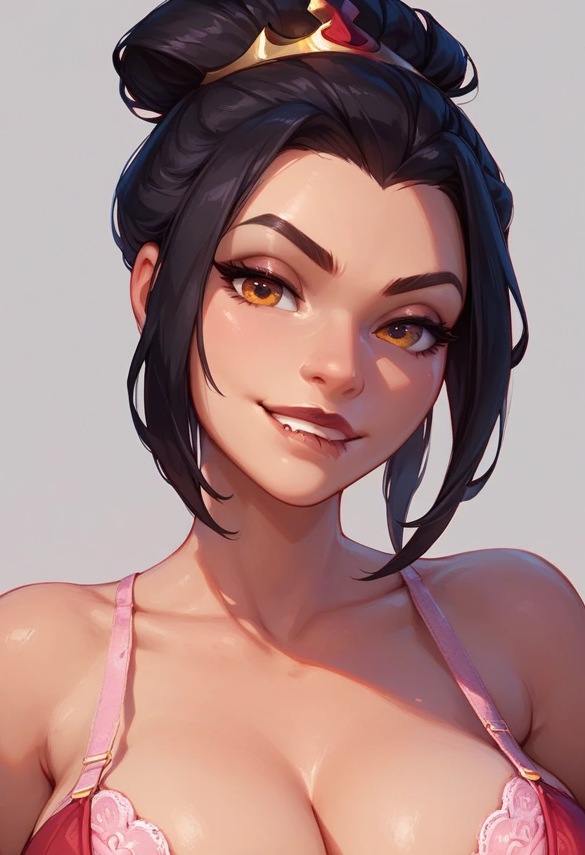 masterpiece, best quality, 1girl, violetparr, long hair, black hair, hair over one eye, hairband, upper body, solo, smile, looking at viewer, smile, simple background micro bikini