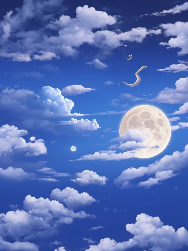 Fighting snake riding on clouds with a moon in the background