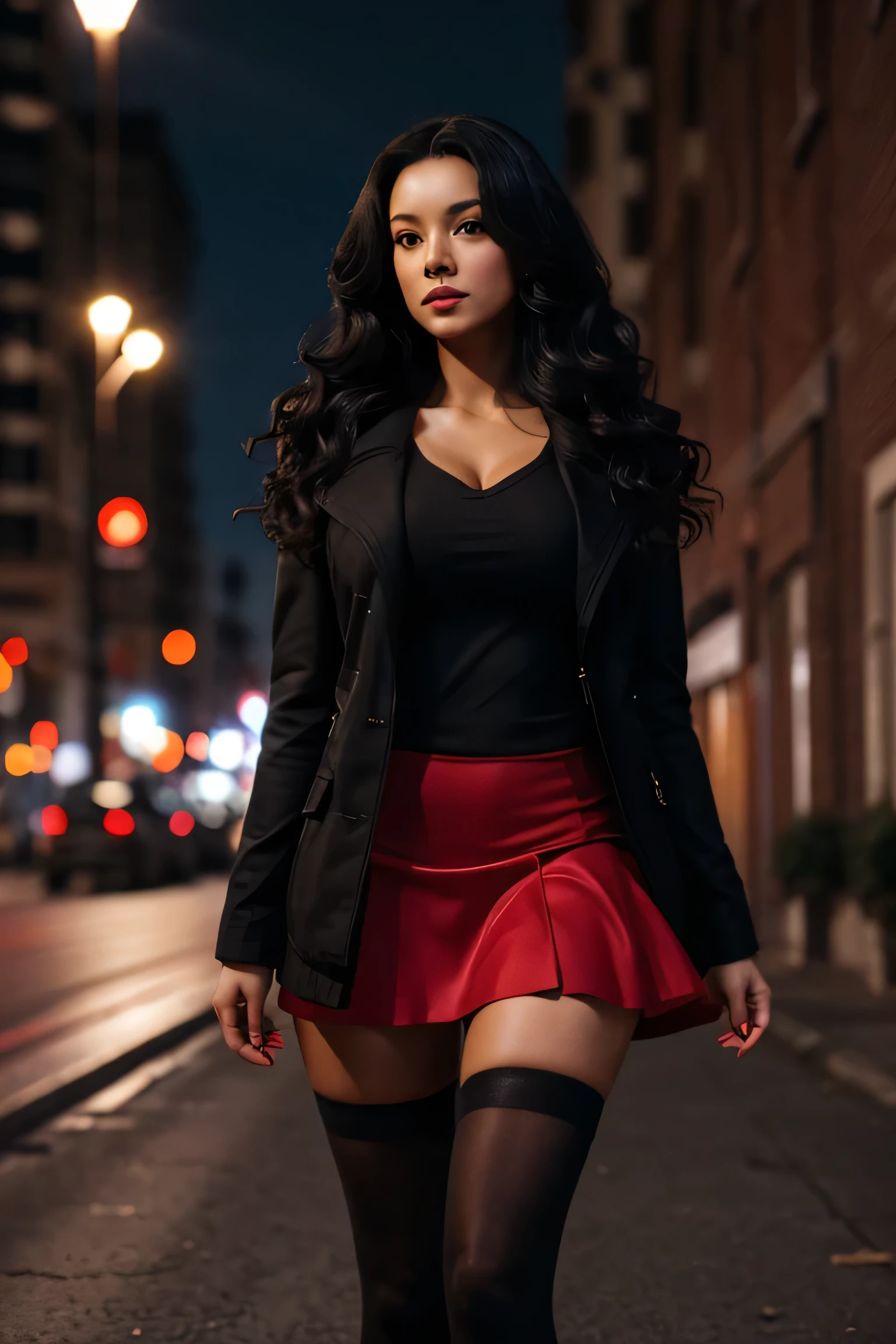 woman, long curly black hair, medium bust, wide legs, thick legs, black jacket, red skirt, black tights, at night, looking at the camera, photorealistic