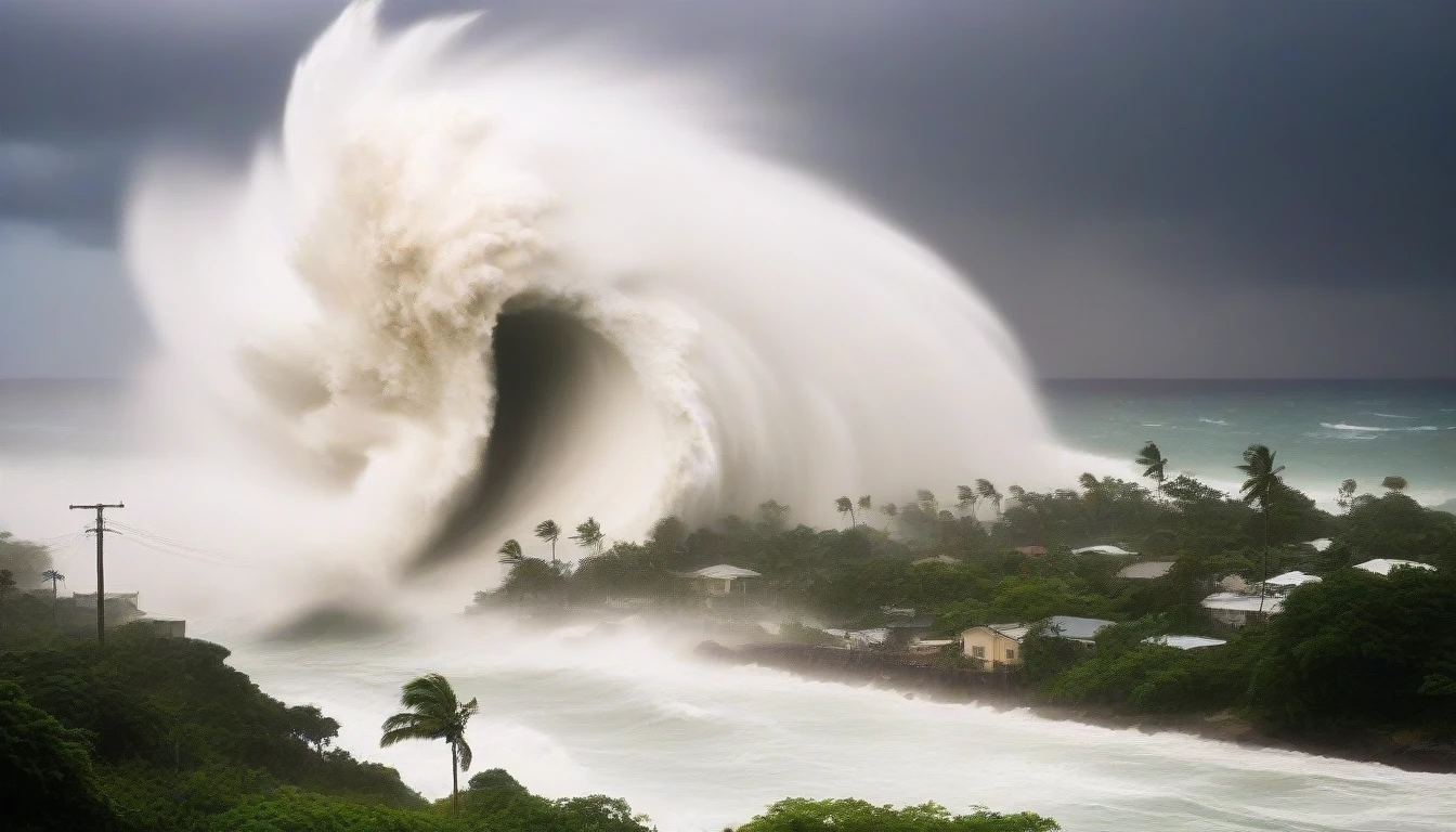 Realistic dystopian style cinematic photo,
A dramatic image shows Category 5 Hurricane Beryl devastating the island of Jamaica with strong winds and giant waves