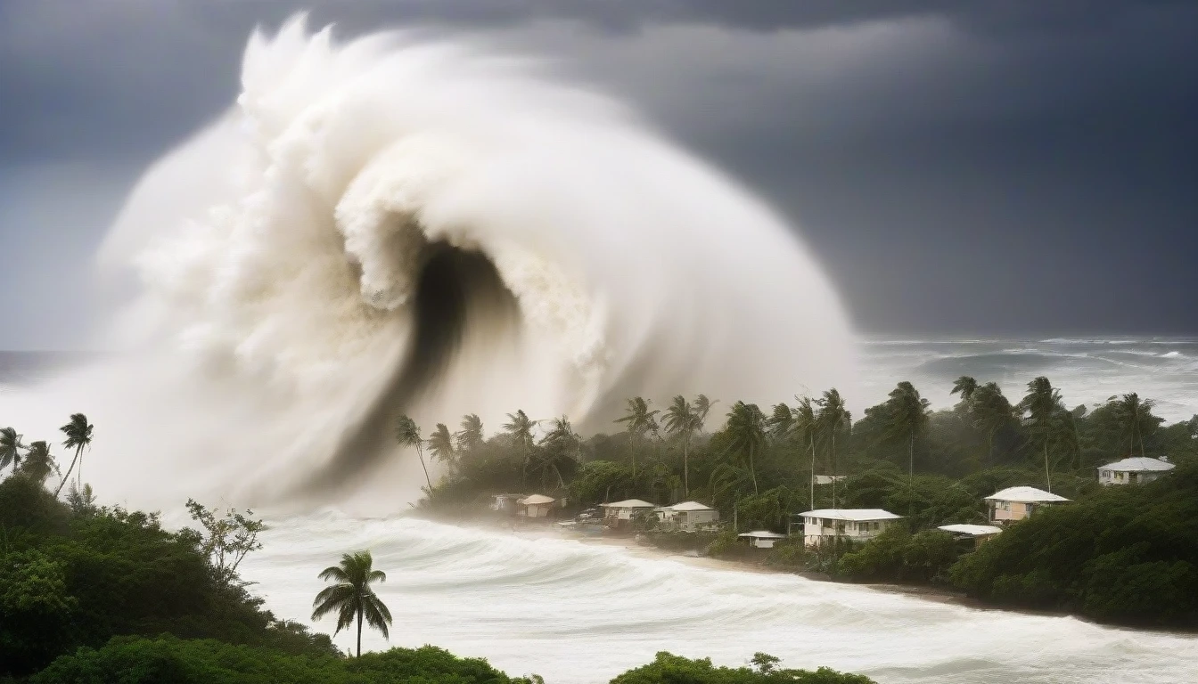 Realistic dystopian style cinematic photo,
A dramatic image shows Category 5 Hurricane Beryl devastating the island of Jamaica with strong winds and giant waves