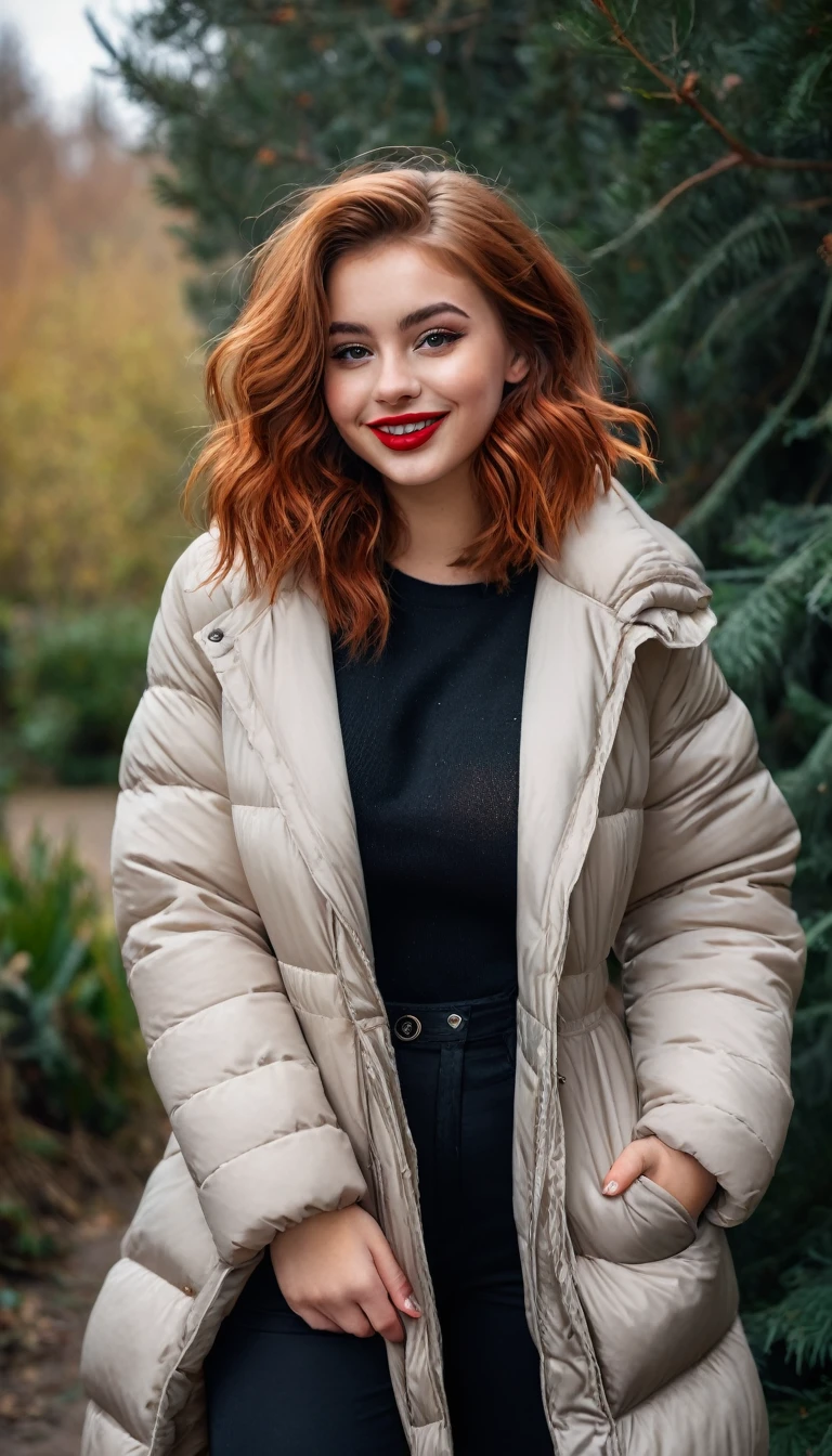 ultrarealistic high quality full body photo of a beautiful super busty slim european 19-year-old woman with cute hyperdetailed shy face and redhead shoulder length messy hair and shy smile, realistic round black eyes, red lips, dark eye makeup with eyeliner, vinyl puffer coat overall outfit, hourglass body, tanned, outdoor photography