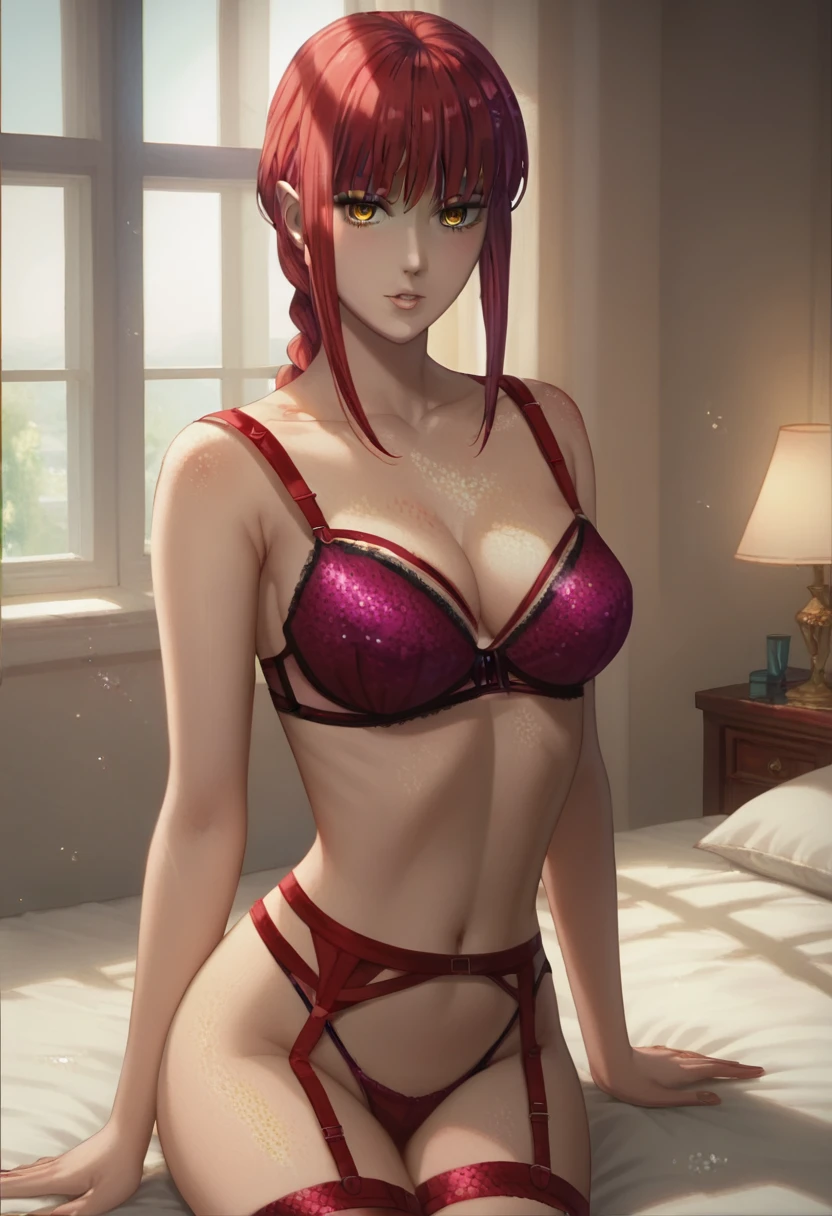 score_9_up, score_8_up, score_7_up, 1girl, solo, mature female, ((Makima)), ((red braided hair)), yellow eyes, pink lips, parted lips, fit slim body,(((perfect erected medium breast))) (((red Victoria’s Secret shinestrap lingerie(((glitter straps with rhinestones))), shinestrap bra, shinestrap thong))), (((highly detailed bedroom, window, bed))), perfect fit model body, wide hips, seductive pose,