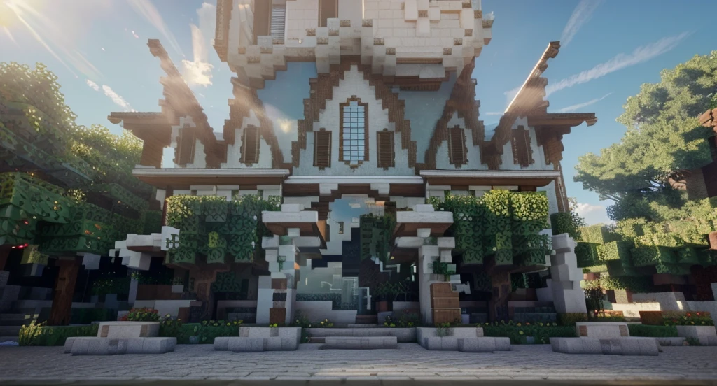 Enhance this Minecraft screenshot to look like it has advanced shaders applied. Apply realistic lighting with dynamic shadows, global illumination, and soft ambient occlusion. Increase color saturation and vibrancy to make the environment more lively. Add detailed reflections on surfaces and water, giving a ray tracing effect. Make the foliage appear lush, with detailed textures and slight motion blur. The structures should have enhanced textures and depth, with improved clarity and realistic light interactions. Enhance the sky with volumetric clouds and subtle sun rays for a more immersive feel.