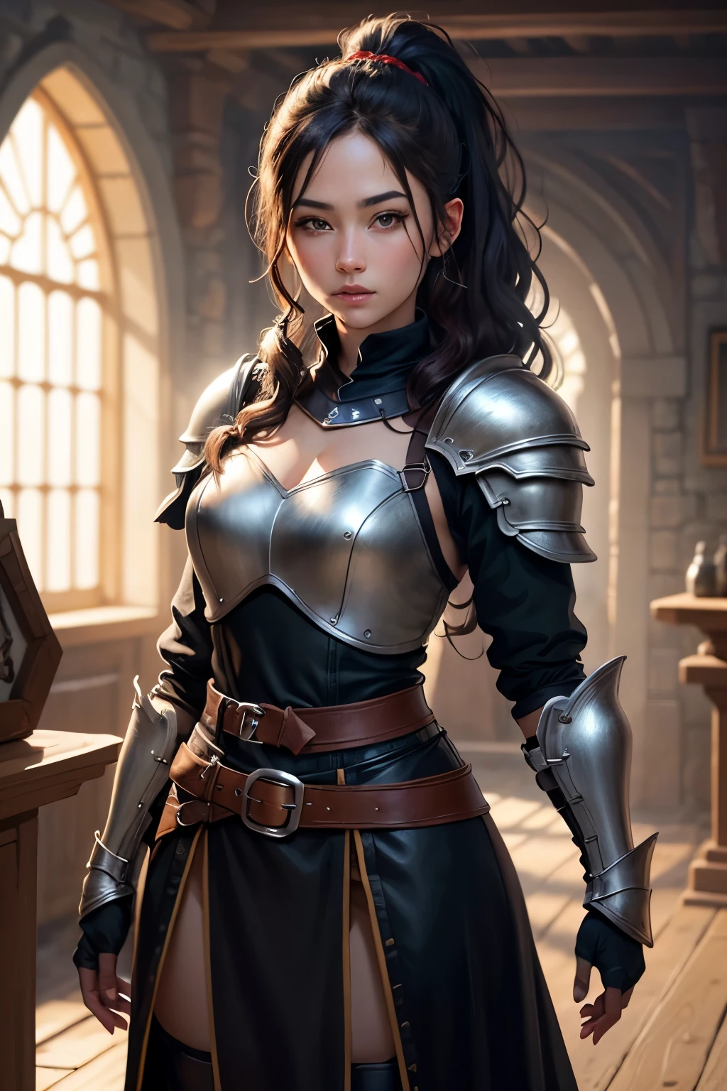 ((best qualityer)), ((work of art)), (detailded), high qualiy, 8K Ultra-HD, 1 medieval fantasy RPG adventurer similar to the works of JRR TOLKIEN, ponytail ,long black curly hair, light black armor, looking at the camera ,black leather clothing details, black mittens, black belt , in the background adventurers guild ,clear lighting, detailed shadows