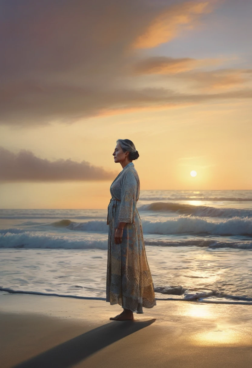A middle-aged woman, her features etched with wisdom and contemplation, stands on a beach at sunset. Tears glisten in her eyes as the sea reflects the fading light of the day, creating a cinematic and ultra-realistic scene. The image captures the woman's full-length figure in exquisite detail, portraying her deep connection with the natural world. The lush late afternoon setting adds a sense of tranquility and introspection, making this a high-quality, emotionally evocative piece of art.