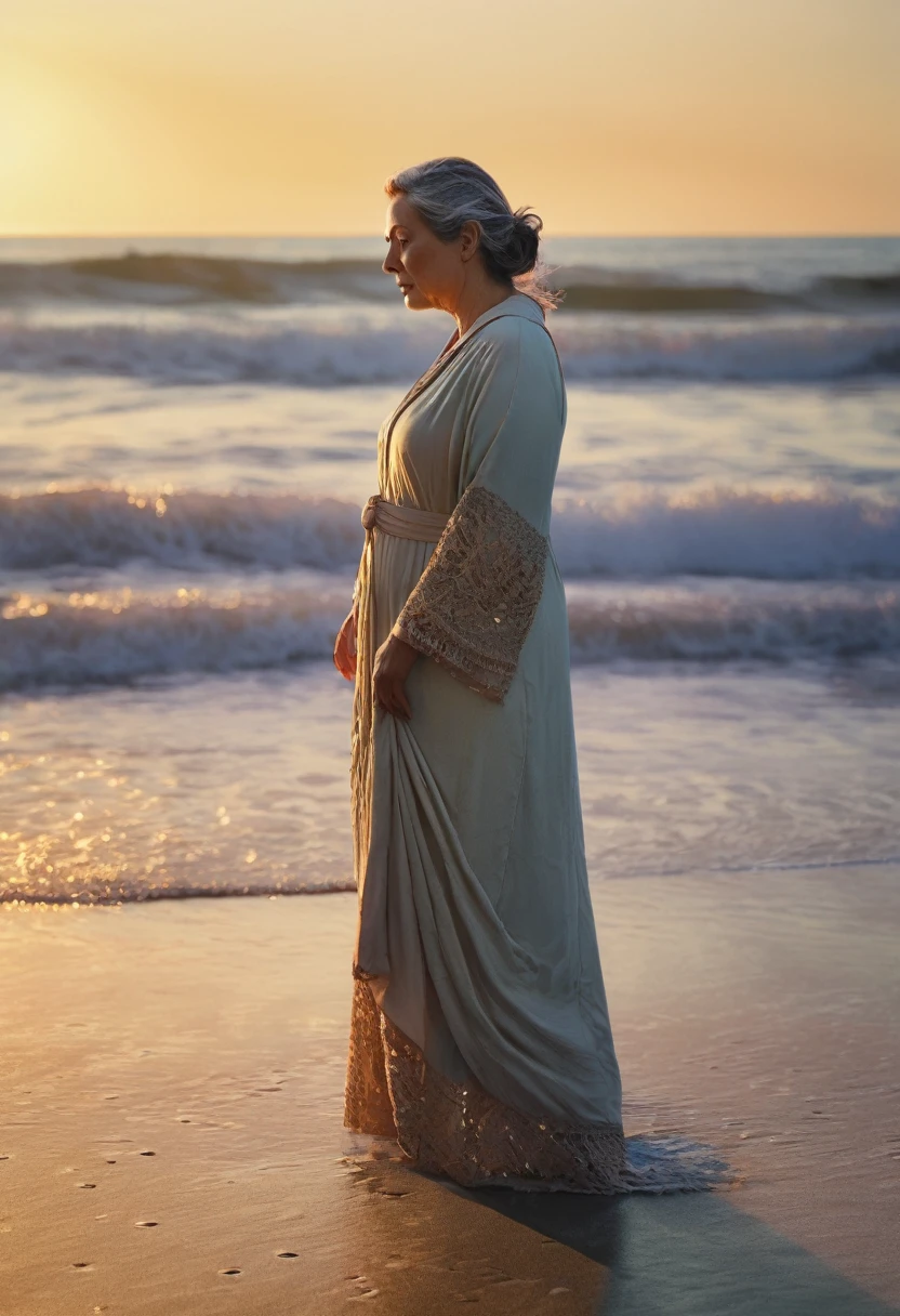 A middle-aged woman, her features etched with wisdom and contemplation, stands on a beach at sunset. Tears glisten in her eyes as the sea reflects the fading light of the day, creating a cinematic and ultra-realistic scene. The image captures the woman's full-length figure in exquisite detail, portraying her deep connection with the natural world. The lush late afternoon setting adds a sense of tranquility and introspection, making this a high-quality, emotionally evocative piece of art.