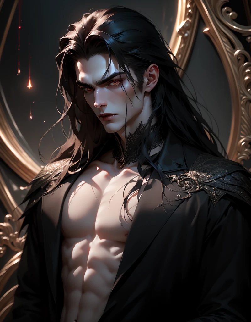 {???????}(Masterpiece - Ultra-detailed, very high resolution) Prepare to be enchanted by a true masterpiece that combines ultra-detailed art with high-resolution rendering. This work portrays a vampire man with long black hair (1.3) and captivating golden eyes (1.2), emanating an aura of mystery in decadent settings. The intricate details and realistic textures invite you to explore every aspect of this enchanting composition. Vampire man wearing black. Serious expressions. Pale skin like a vampire.