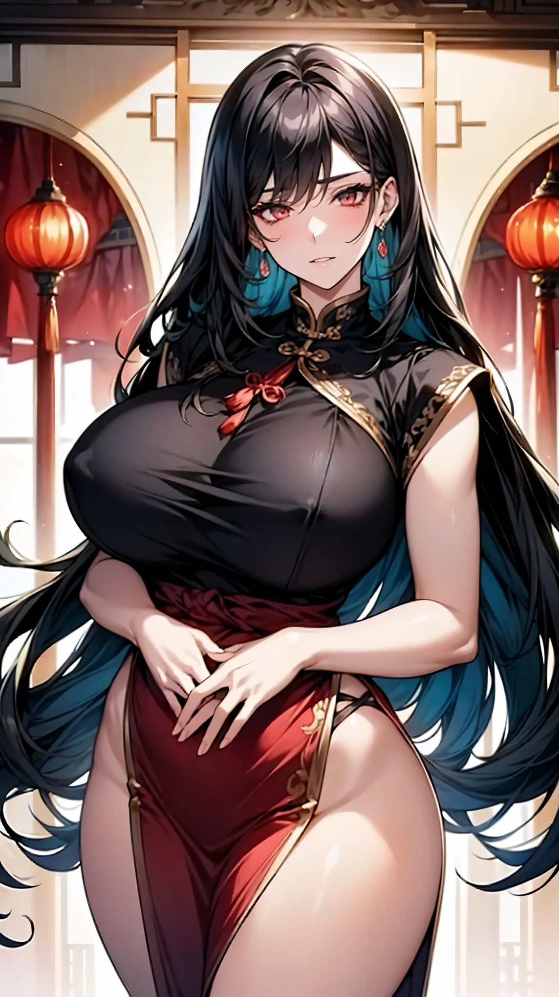 (art: 1.2), (best quality: 1.2) 1 woman, mature ager, 185 cm tall, looked to be around 25 years old, she had long black hair like darkness, hair parted in the middle, straight hair and sparkles attached to a green jade hairpin, piercing ruby red eyes, extremely detailed eyes, perfect eyes, extremely realistic eyes, well-aligned eyes, long eyelashes, anime style, extremely beautiful face, face respectful of the viewer, delicate and mature face, lips fleshy, mature, light skin, natural body, SEXY BODY, milf body, with one hand holding her waist, perfect hands, detailed hands, hands well proportioned to the body, realistic hands, arms at the sides, arms with good anatomy, she wore a ruby red dress with a long Chinese style skirt decorated in black that still couldn't hide her extremely large and huge breasts that were hanging down due to her size, she was fully covered by the paia, thick thighs fully covered, wide hips, looking at the spectator with a reserved facial expression is respectful, background scene, in an oriental-style Chinese pavilion, posing alone, looking at the viewer, standing