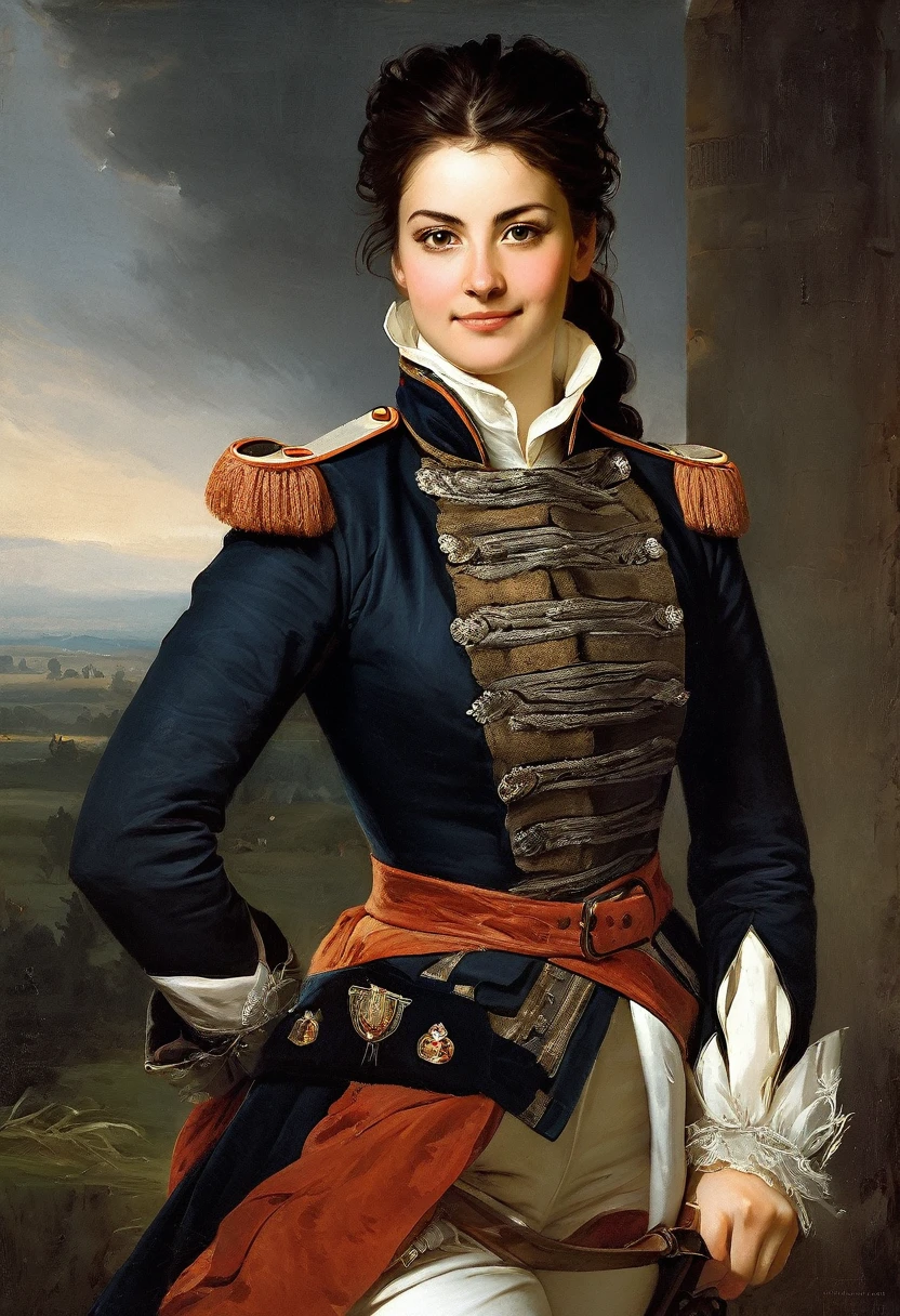 charming young pretty warrior, brunette, smiling slightly mysteriously over her shoulder, averting her eyes, hussar uniform, jacket: white leggings: boots, 1812, (Francesco Francabigio style!)), dark Renaissance, (fog, very worn gradient), ((palette/oil painting with palette knife)), ((masterpiece)), single shot, image quality: 1.2, maximum detail, perspective: 1.67, 8k