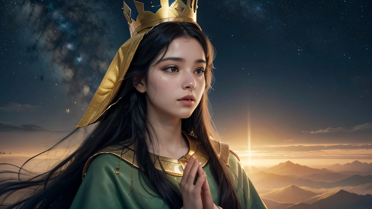 "Create a high definition image of Our Lady of Aparecida, a padroeira do Brasil. The image must portray Our Lady with a serene and loving expression, transmitting peace and protection. She must be dressed in a dark blue robe adorned with golden stars and a golden crown on her head.. The scene should include a soft, heavenly light around Our Lady of Aparecida, emanating a sense of divinity and sacredness. The background can be simple, with a setting reminiscent of nature, like a landscape of green hills at dawn or a starry sky, reflecting the tranquility and majesty of creation. Details such as Our Lady&#39;s gentle and welcoming face are important to capture the essence of her figure.. Use rich, realistic colors for an impactful visual effect."