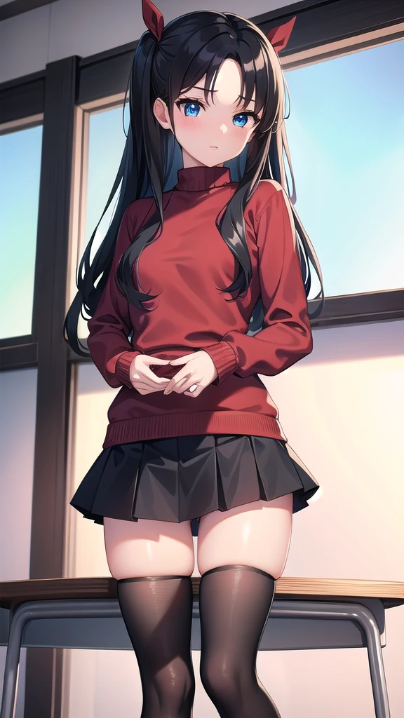 rintohsaka, rin tohsaka kyockcho, aqua eyes, (black hair:1.5), hair ribbon, long hair, ribbon, sidelocks, two side up, (parted bangs:1.5),
BREAK black skirt, black thighhighs, long sleeves, miniskirt, pleated skirt, (red sweater:1.5), skirt, sweater, thighhighs, turtleneck,
BREAK indoors, classroom,school,desk,tables,
BREAK looking at viewer,
BREAK (masterpiece:1.2), best quality, high resolution, unity 8k wallpaper, (illustration:0.8), (beautiful detailed eyes:1.6), extremely detailed face, perfect lighting, extremely detailed CG, (perfect hands, perfect anatomy),standing in classroom,long legs,upskirt,shows underwear,sexy underwear.