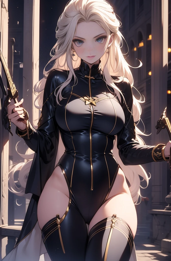 female, solo, young, sexy body, voluptuous figure, tightsuit, white hair, decolored blonde hair, has 2 hand crossbows, rogue assasin, beautifull face, long hair, defined body, yellow and bright eyes, thick legs, strong legs, tall, Voluptuous legs, huge ass, big hip, big ass, female ranger, blue and black robes, rogue mask, small breasts,