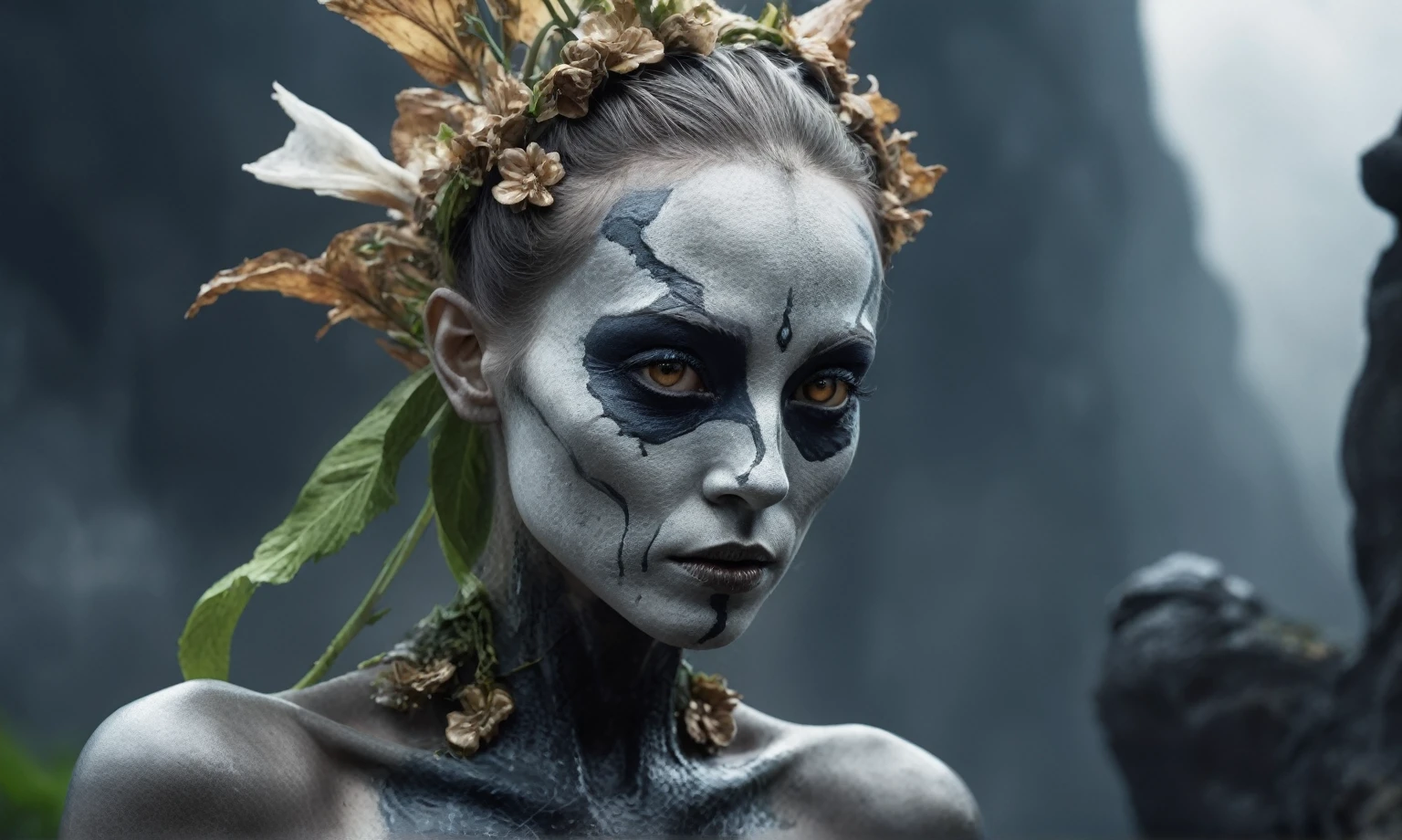 full body length,Magical plant ghost flower, ghost flower,carismatic，Incredible，terror ,extremely detailed,intricate details,eyes extremely detailed, high detailed eyes,16k resolution, realistic humid skin,extremely intricate details,Epic Realistic,face anatomically correct,Ultra HD,HDR, natural skin textures, hyper realism,realistic skin texture, hyper detailed,extremely Realism,Ultra Detailed,body logically correct,full body length shot,beggar graphite silver sparas, wants eat,survival in criminal city of future,Cinematic,soft colors, Technicolor,natural skin textures, hyper realism, hyper detailed,Extremely detailed,High contrast,Masterpiece,Realistic,Ultra Detailed, intricate details,realistic humid leather,extremely intricate,Epic Realistic, cinematic style,irina yermolova,high contrast,hdr,extremely detailed, [deep night landscape],masterpiece,intricate details,faded,eyes extremely detailed, high detailed eyes,16k resolution,RAW,retina, Nikon Z9,China,Songbird,orc, Guangxi Zhuang of China,tkt style, Pisces, perfect, ginger，transition between two art styles, Ink painting to photorealism, Double contact, X-ray, Creative, vivid light, masterpiece, fantasy, Abstract, Surrealism, super detailed, high resolution, stop:35,(((creature with a spectral and ghostly appearance)). Her skin is pale, almost translucent.wears weird and deep dark, ancient rock paintings of the first people,of sharkfish's leather