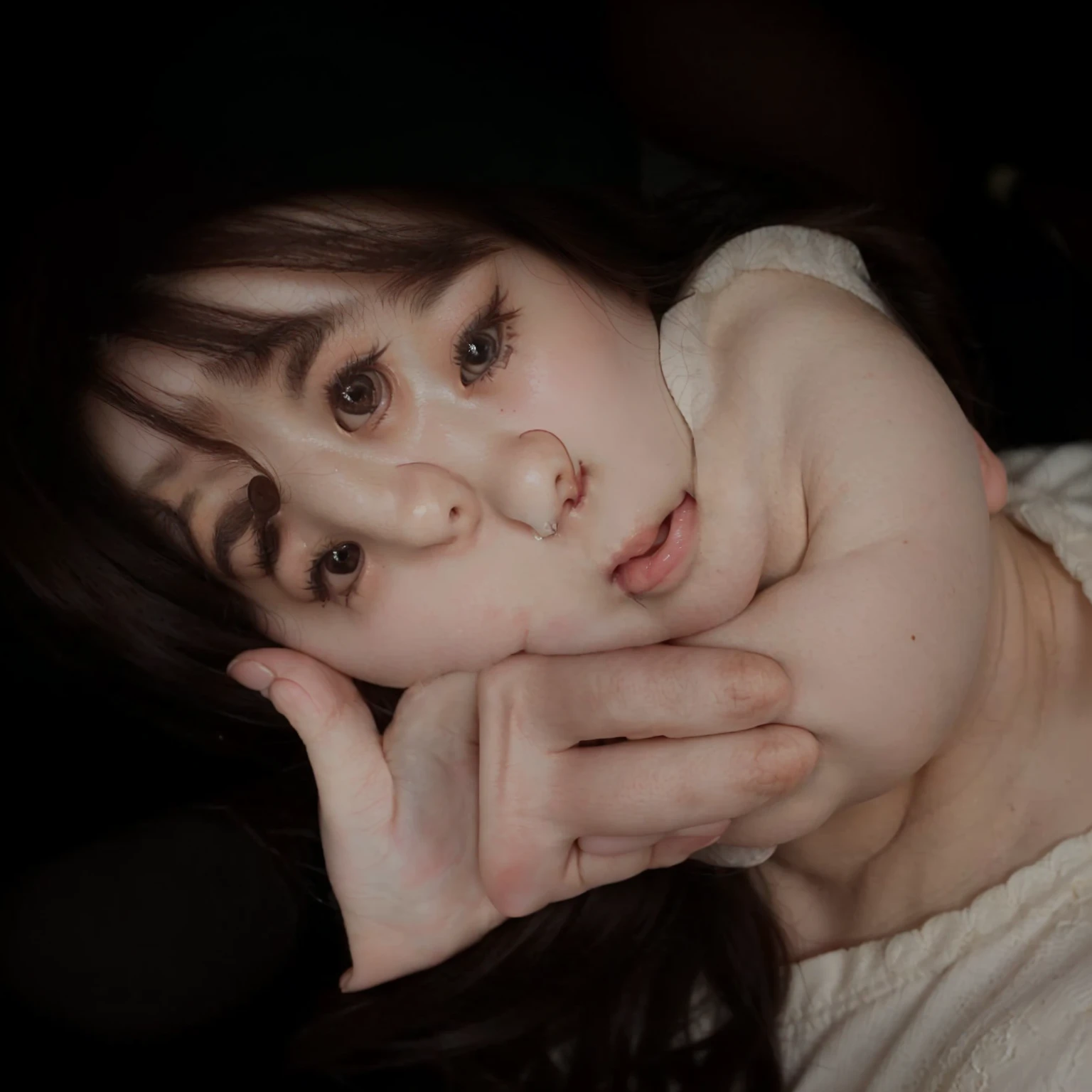 There's a woman who has her hand on her face, ulzzang, with beautiful passionate eyes, adorable and pale korean face, beautiful round, slanted eyes, 🤤 portrait of , big round cute eyes, lalisa manobal, small heart-shaped face, she has a cute face, Jinyoung Shin, beautiful big and clear eyes, with big eyes