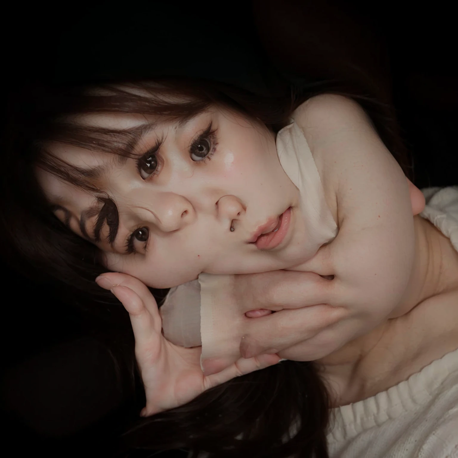 There's a woman who has her hand on her face, ulzzang, with beautiful passionate eyes, adorable and pale korean face, beautiful round, slanted eyes, 🤤 portrait of , big round cute eyes, lalisa manobal, small heart-shaped face, she has a cute face, Jinyoung Shin, beautiful big and clear eyes, with big eyes