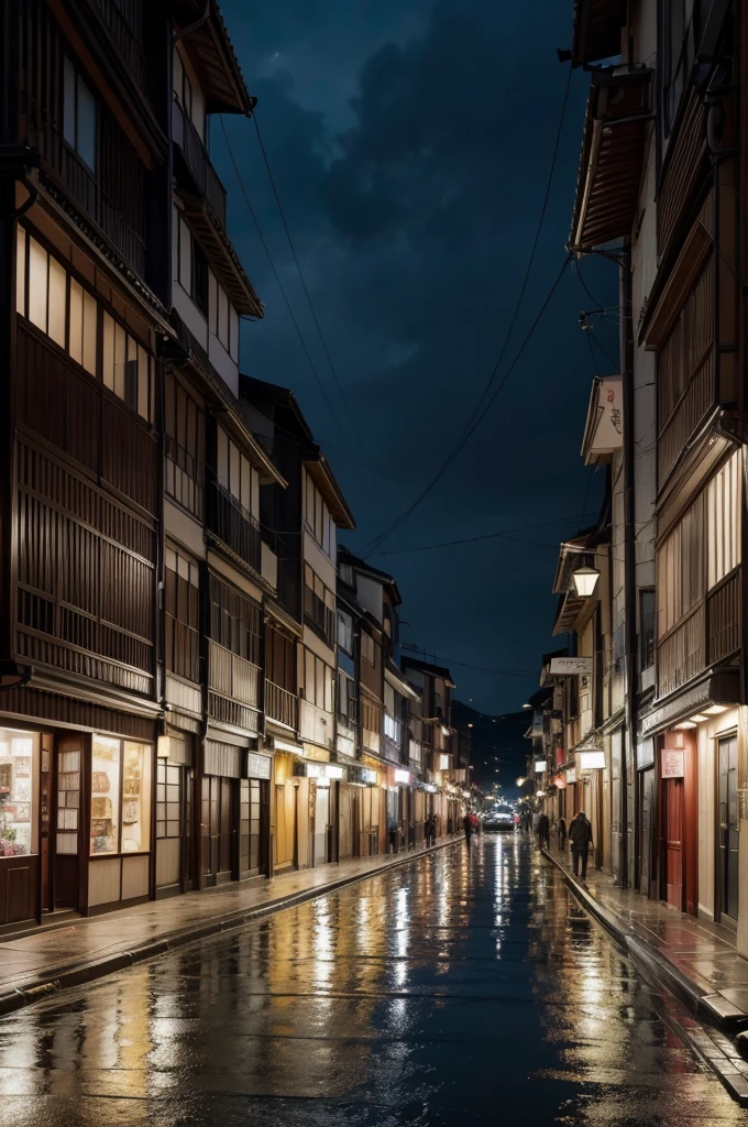 una calle, en un distrito comercial, en japon, lluvioso, de noche, con gente caminando, Hyperrealism, glowing light, ray tracing, backlighting, god rays, reflection light, Fujicolor, Canon, Fujifilm, Nikon, Wide-Angle, panorama, highres, best quality, award winning, high quality, high details, super detail, masterpiece, 16k, 8k
