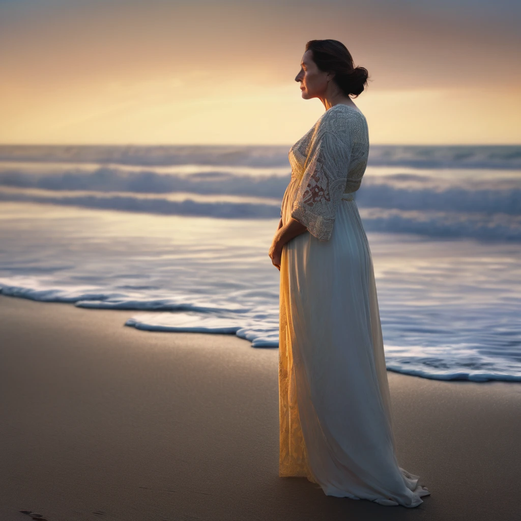 A middle-aged woman, her features etched with wisdom and contemplation, stands on a beach at sunset. Tears glisten in her eyes as the sea reflects the fading light of the day, creating a cinematic and ultra-realistic scene. The image captures the woman's full-length figure in exquisite detail, portraying her deep connection with the natural world. The lush late afternoon setting adds a sense of tranquility and introspection, making this a high-quality, emotionally evocative piece of art.