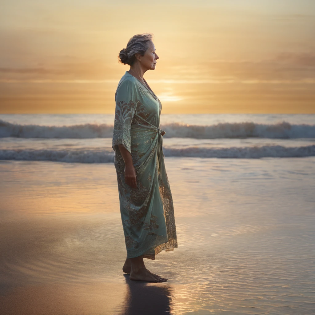 A middle-aged woman, her features etched with wisdom and contemplation, stands on a beach at sunset. Tears glisten in her eyes as the sea reflects the fading light of the day, creating a cinematic and ultra-realistic scene. The image captures the woman's full-length figure in exquisite detail, portraying her deep connection with the natural world. The lush late afternoon setting adds a sense of tranquility and introspection, making this a high-quality, emotionally evocative piece of art.