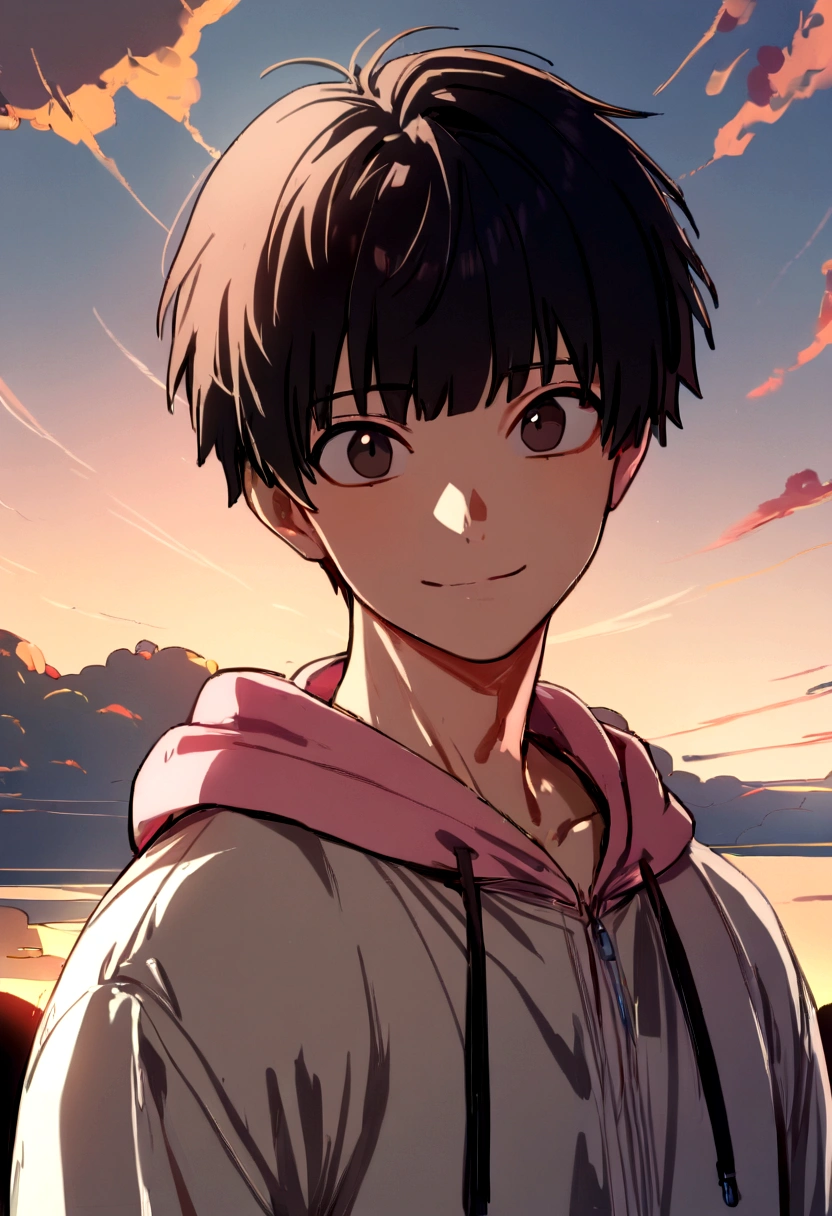 masterpiece, best quality, movie still, 1boy, cloud boy, floating in the sky, close-up, bright, happy, warm soft lighting, sunset, (sparks:0.7), (AS-Young:1.7), (1boy:1.8), (male focus:1.2), (cute:1.7) Shigeo Kageyama, Mob Psycho, looking at viewer, smiling, wearing a pink hoodie