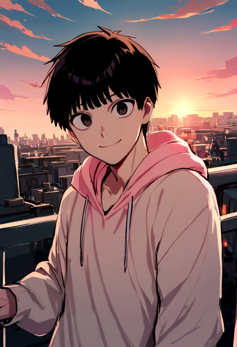 masterpiece, best quality, movie still, 1boy, cloud boy, floating in the sky, close-up, bright, happy, warm soft lighting, sunset, (sparks:0.7), (AS-Young:1.7), (1boy:1.8), (male focus:1.2), (cute:1.7) Shigeo Kageyama, Mob Psycho, looking at viewer, smiling, wearing a pink hoodie