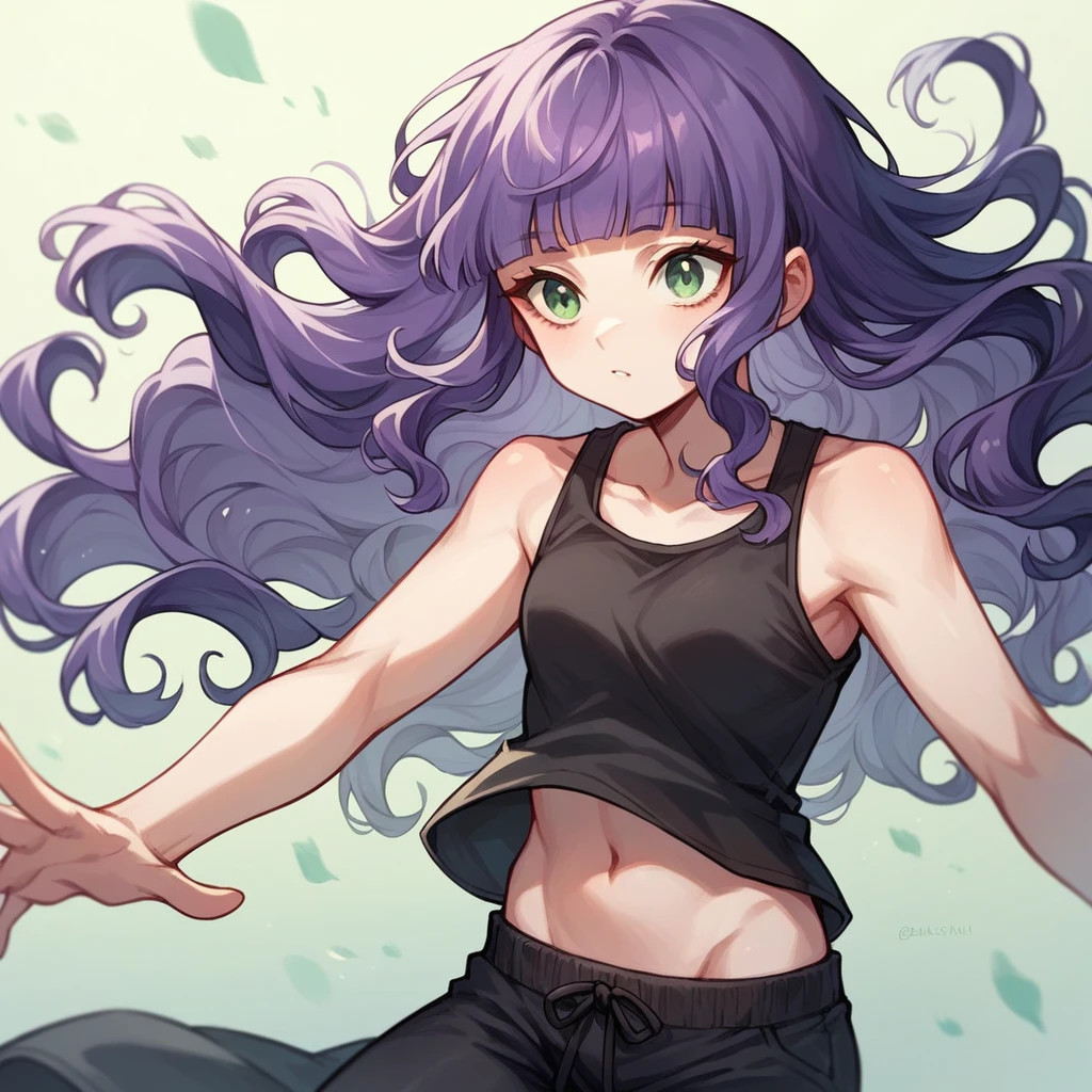 The girl closes her eyes and shouts loudly,pale-purple hair, a dynamic angle, wavy hair blowing in the wind, blunt bangs hair, black and green eyes,small breast, A black tank top showing her slim belly, black drawstring pants,