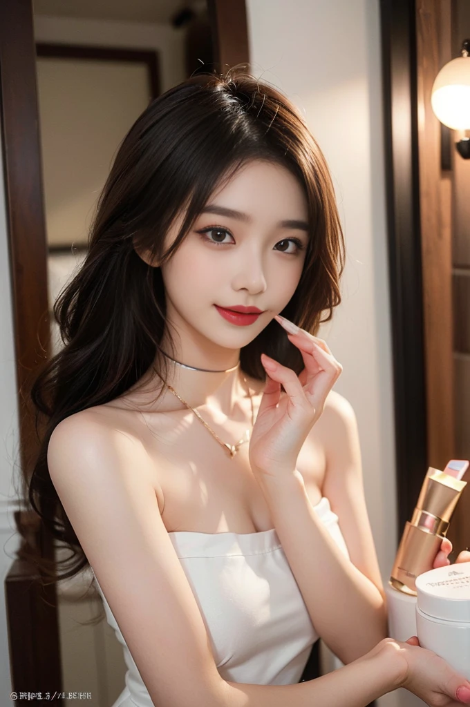 ((top quality, 8K, masterpiece: 1.3)), lens flare, full body shot, indirect lighting, (a little smile : 1.3), ((1 korean woman), (20 years old), (beauty: 1.4), slim body, slim face, realistic skin, ((one-sided hair : 1.3), (strapless mini dress, long legs, see-through pantyhose, choker necklace, precious metals, high heels), (Make-up room, closet, footboard, powder room), (The woman applies lipstick to her lips in a pose that faces the makeup mirror, she bend forward her upper body and puts her hips back), very detailed look, very detailed lips, detailed eyes, precise gaze, beautiful call girl, Clear eye line, abundant eyelashes, double eyelid, detailed fingers, detailed legs, natural anatomy, cosmetics pouch, flour, cosmetics, Nail art, feminine accessories