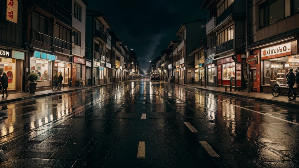 una calle, en un distrito comercial, en japon, lluvioso, de noche, con gente caminando, Hyperrealism, glowing light, ray tracing, backlighting, god rays, reflection light, Fujicolor, Canon, Fujifilm, Nikon, Wide-Angle, panorama, highres, best quality, award winning, high quality, high details, super detail, masterpiece, 16k, 8k