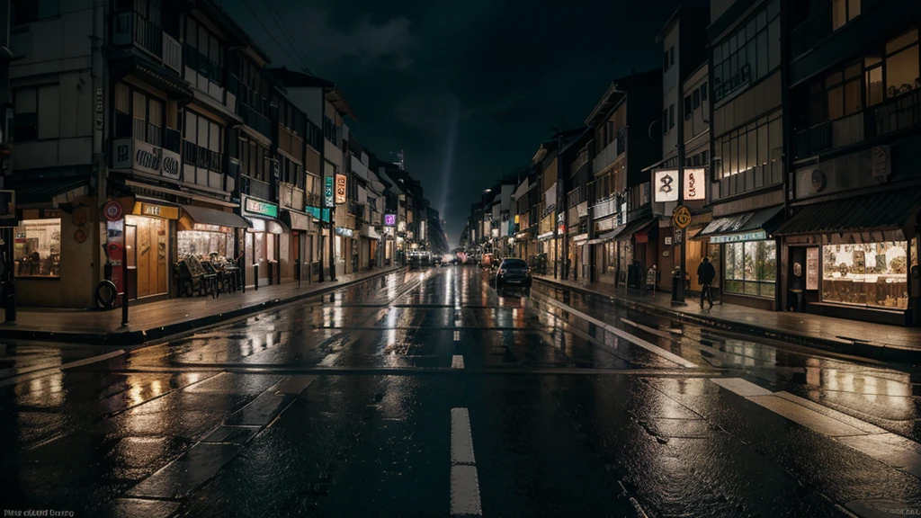 una calle, en un distrito comercial, en japon, lluvioso, de noche, con gente caminando, Hyperrealism, glowing light, ray tracing, backlighting, god rays, reflection light, Fujicolor, Canon, Fujifilm, Nikon, Wide-Angle, panorama, highres, best quality, award winning, high quality, high details, super detail, masterpiece, 16k, 8k