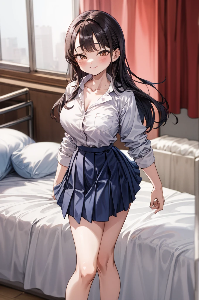 huge breasts,***,masterpiece, best quality, highres, aaanna, long hair, brown eyes, collarbone, collared shirt, white shirt, sleeves rolled up, pleated skirt, blue skirt, miniskirt,, smile, my room,