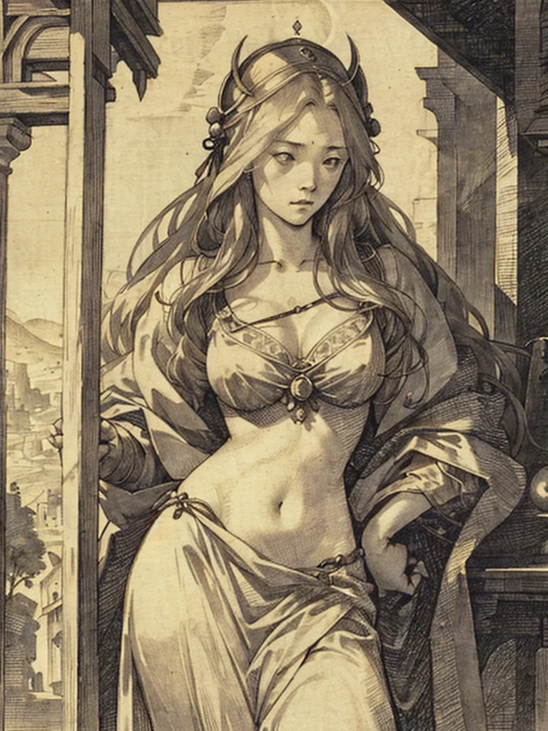 a woman who represents lust, very sensual but very sad, sun at sunset behind her, drawn in Albrecht Dürer style