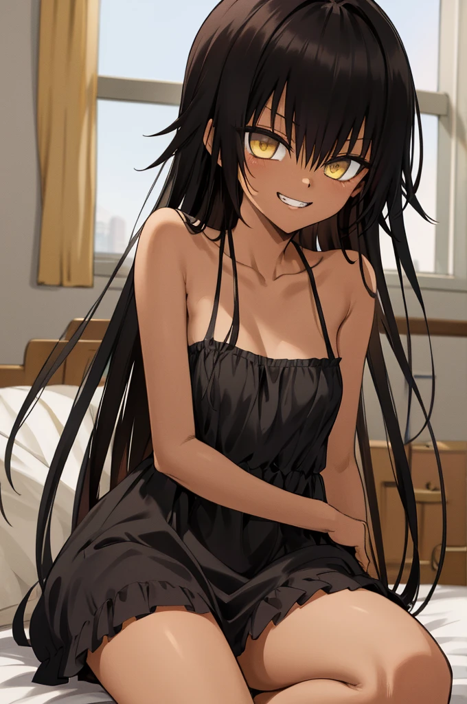 masterpiece, best quality, highres, aanemesis, long hair, black hair, dark skin, tan, bare shoulders, black dress, , smirk, grin, indoors,6yo,nsfw