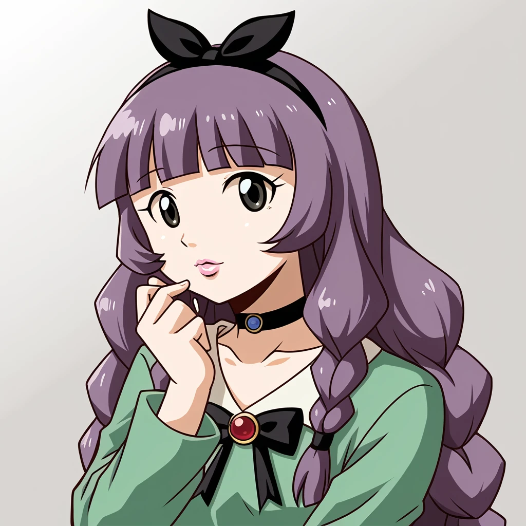 a masterpiece, beautiful eyes, a beautiful face, kawaii, light atmosphere, (Cute a girl:1.5), (a girl with closs hair pin,pale purple hair,wavy two braids,blunt bangs hair,green and black eyes,
pink shirt,cosplay, jirai kei, bangs, black bow, looking at viewer, bow, long sleeves, choker, ribbon,pink lips,portrait  shot :1.4),
(masterpiece:1.3), anime visual, (Lovey-dovey:1.5), (tilt head:1.3), extremely delicate face, soft clean focus, realistic lighting and shading, (an extremely delicate and beautiful art:1.3),Eating crepes and walking,,