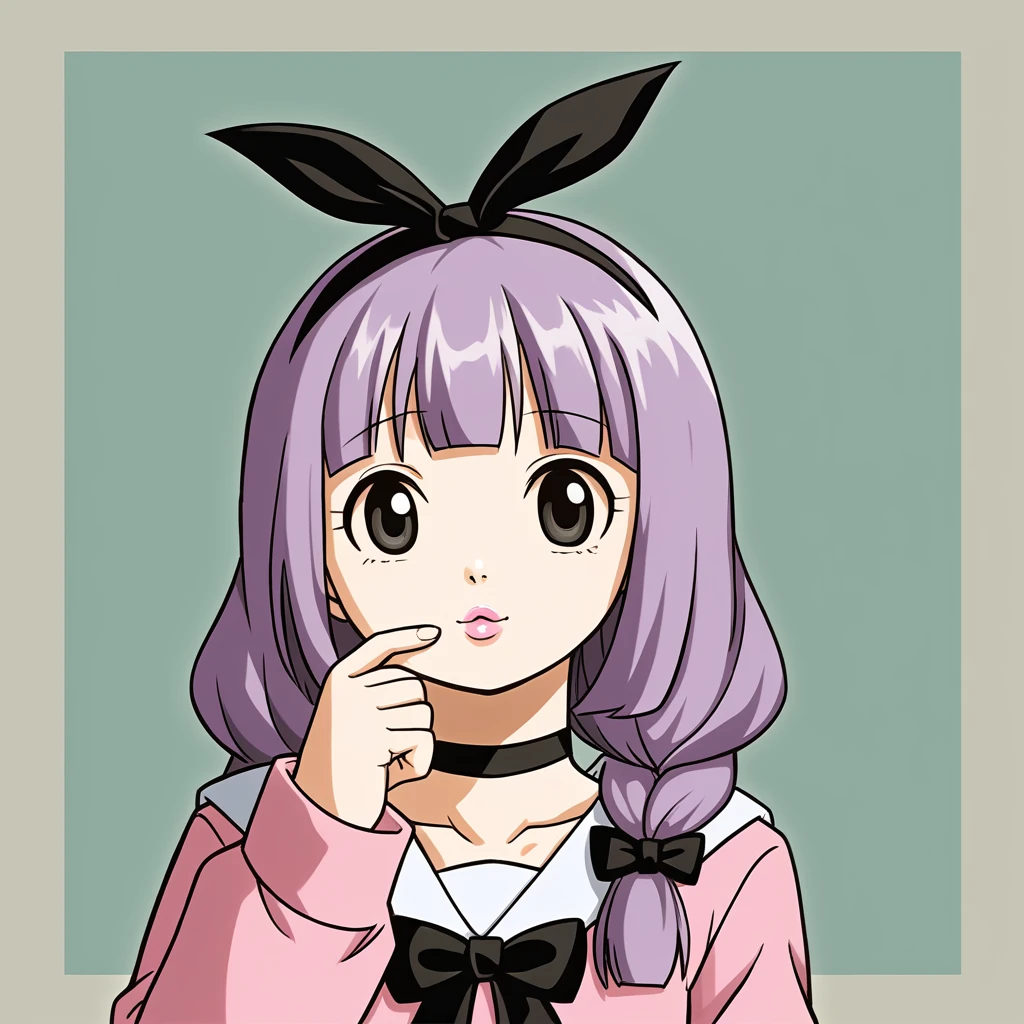 a masterpiece, beautiful eyes, a beautiful face, kawaii, light atmosphere, (Cute a girl:1.5), (a girl with closs hair pin,pale purple hair,wavy two braids,blunt bangs hair,green and black eyes,
pink shirt,cosplay, jirai kei, bangs, black bow, looking at viewer, bow, long sleeves, choker, ribbon,pink lips,portrait shot :1.4),
(masterpiece:1.3), anime visual, (Lovey-dovey:1.5), (tilt head:1.3), extremely delicate face, soft clean focus, realistic lighting and shading, (an extremely delicate and beautiful art:1.3),Eating crepes and walking,,