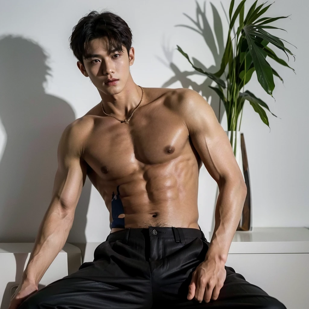 masterpiece, top quality, intricate detail, magazine front page, Korean men's health magazine, Magazine's Title with black color font, christmas issue, a young handsome boy with short pants, tan ktop , tall muscle, ((abs)), Kpop idol, looking at camera, beautiful face, white background, fashion model, Kpop boy's group member, fashionable damage short pants, ikemen