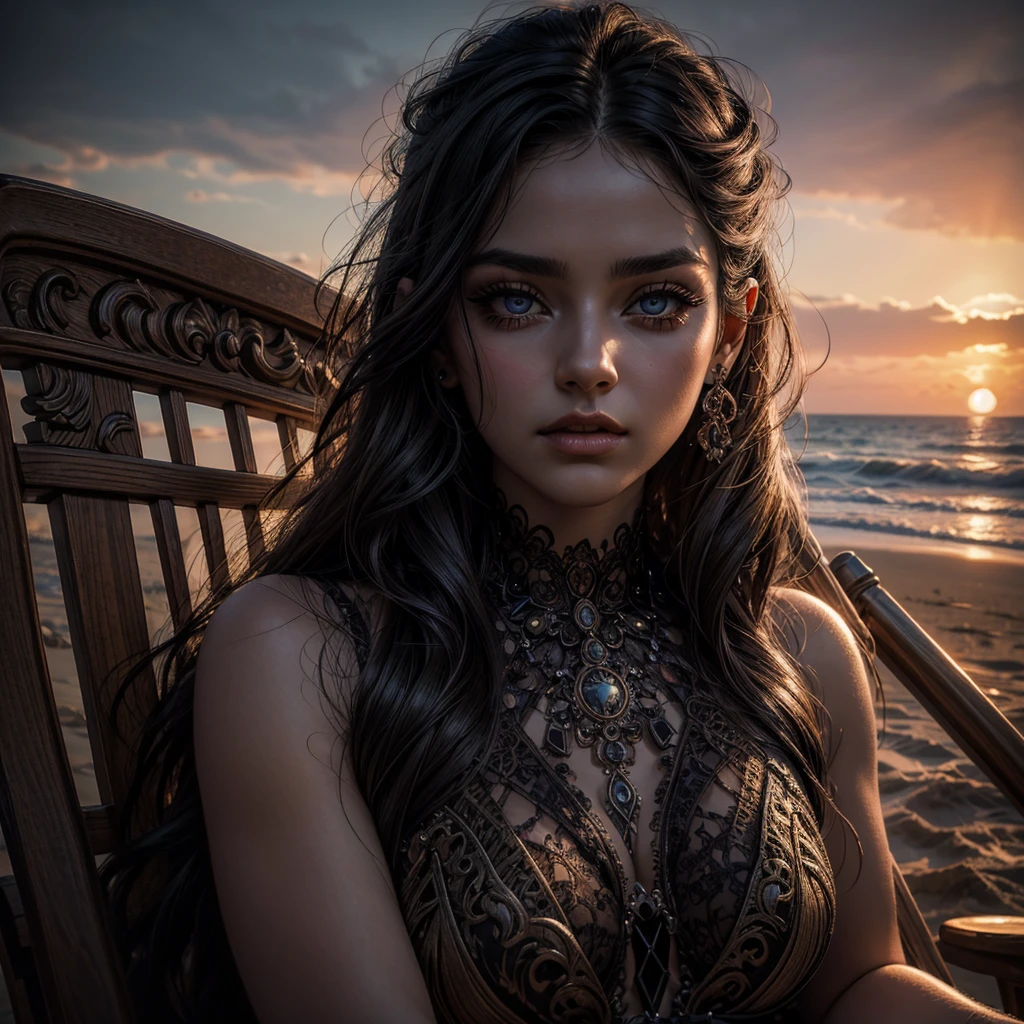 beautiful detailed eyes, beautiful detailed lips, extremely detailed eyes and face, long eyelashes, 1 woman, demon, beach, beach chair, sunset, dramatic lighting, magical, dark fantasy, moody, cinematic, intricate details, hyper realistic, 8k, high quality, masterpiece