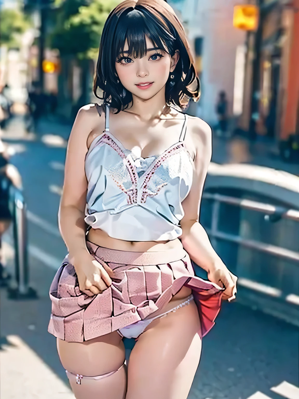 1girl, woman, girl in summer clothes, beautiful, medium breasts, flirtatious look, high res, (1girl eyes looking at viewer:1.55), camisole, Plain costumes, Simple Background, Emphasis on the chest, White outfit, whole body, cute face, beautiful face, nipple, light smile, (skirt lift:1.2), skirt lift pov, constricted waist, blush, shy, panties, underwear, 25 years old woman, skirt lift, flipped my skirt, photorealistic, (bokeh), photorealistic, depth of field, best quality, anatomically correct, super detail, textured skin, UHD, 8k
