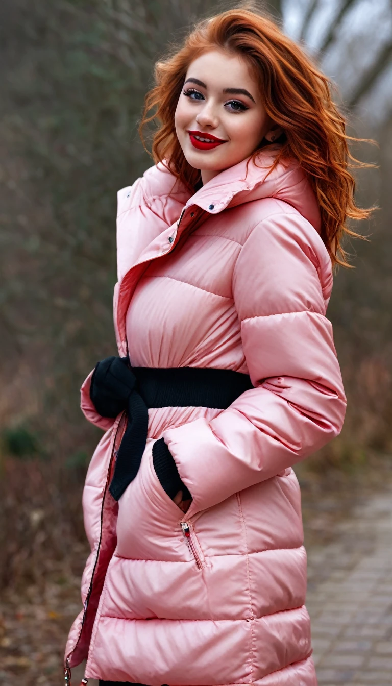 ultrarealistic high quality full body photo of a beautiful super busty slim european 19-year-old woman with cute hyperdetailed shy face and redhead shoulder length messy hair and shy smile, realistic round black eyes, red lips, dark eye makeup with eyeliner, vinyl puffer coat overall outfit, hourglass body, tanned, outdoor photography
