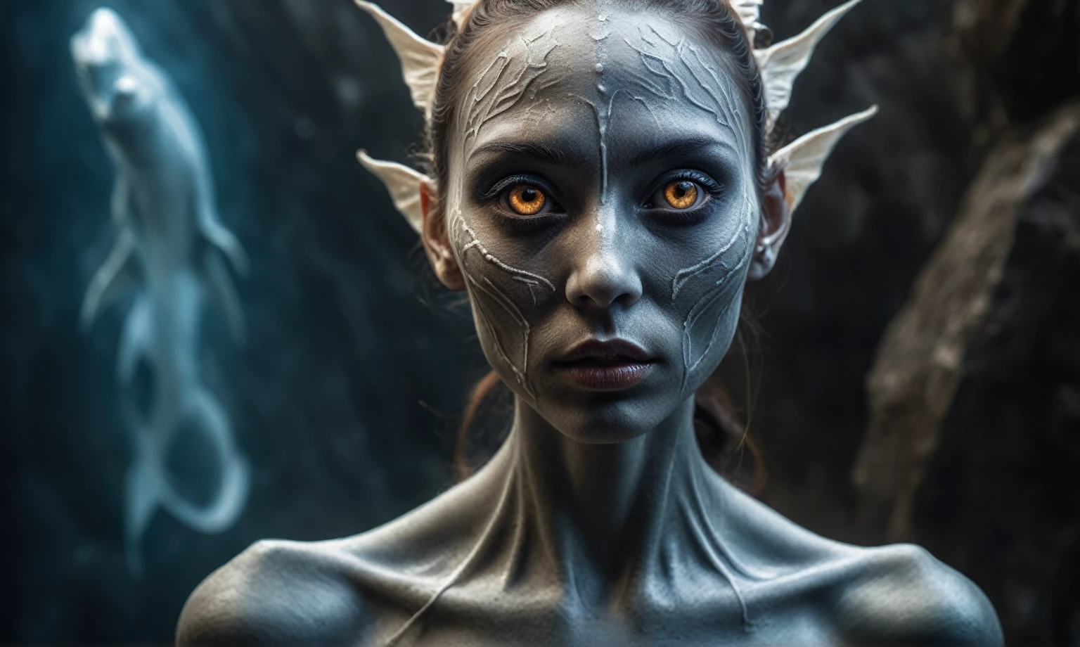 full body length,Magical plant ghost flower, ghost flower,carismatic，Incredible，terror ,extremely detailed,intricate details,eyes extremely detailed, high detailed eyes,16k resolution, realistic humid skin,extremely intricate details,Epic Realistic,face anatomically correct,Ultra HD,HDR, natural skin textures, hyper realism,realistic skin texture, hyper detailed,extremely Realism,Ultra Detailed,body logically correct,full body length shot,beggar graphite silver sparas, wants eat,survival in castle of future,Cinematic,soft colors, Technicolor,natural skin textures, hyper realism, hyper detailed,Extremely detailed,High contrast,Masterpiece,Realistic,Ultra Detailed, intricate details,realistic humid leather,extremely intricate,Epic Realistic, cinematic style,irina yermolova,high contrast,hdr,extremely detailed, [deep night landscape],masterpiece,intricate details,faded,eyes extremely detailed, high detailed eyes,16k resolution,RAW,retina, Nikon Z9,China,Songbird,orc, Guangxi Zhuang of China,tkt style, Pisces, perfect, ginger，transition between two art styles, Ink painting to photorealism, Double contact, X-ray, Creative, vivid light, masterpiece, fantasy, Abstract, Surrealism, super detailed, high resolution, stop:35,(((creature with a spectral and ghostly appearance)). Her skin is pale, almost translucent.wears weird, ancient rock paintings of the first people,of sharkfish's leather