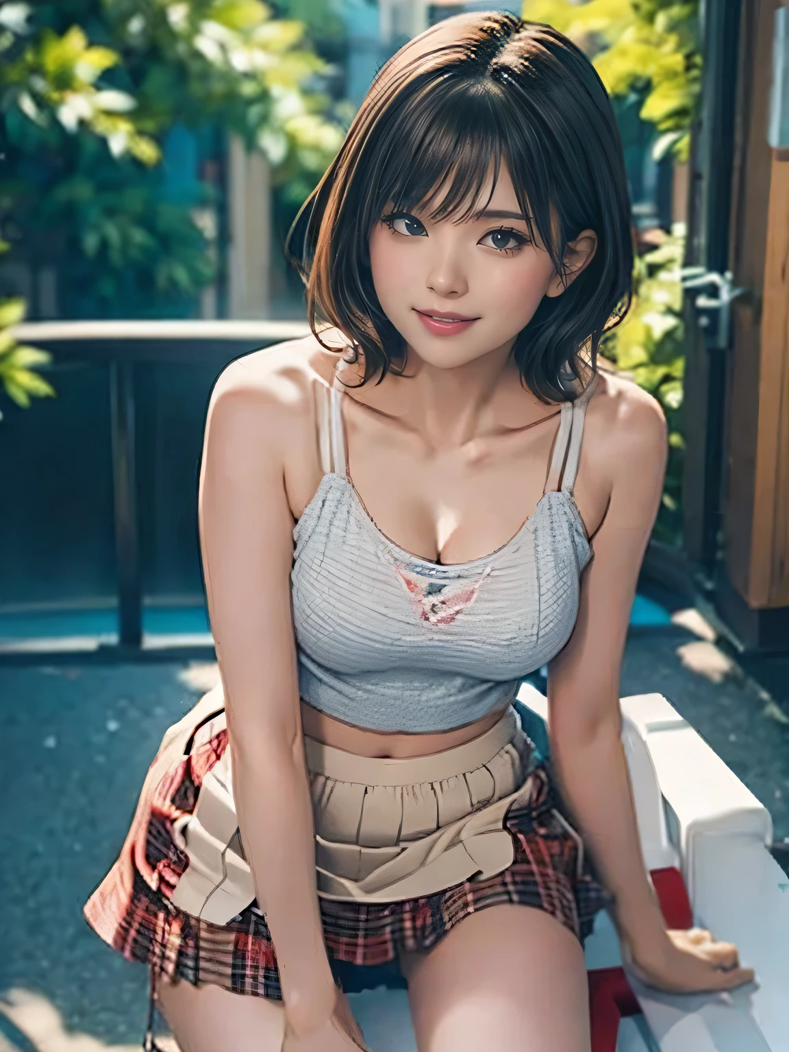 ultra highres,(reality: 1.4),highest quality, masterpiece, high detail, 16K quality, beautiful, 1 beautiful girl,japanese,super beautiful face,,japanese idol face,cute face,super detailed face,detailed hand,beautiful skin,sweaty skin,big eyes,smile,profeccional lighting,short hair, black hair,brown beautiful eyes, white shirt, open button,cleavage,checked skirt,((sitting with knee up)),(skirt lift),(((showing panties:1.3))),white panties,spread legs,medium breasts,black high socks,she is looking at the camera,skyscraper looftop,blue sky,nsfw,from front,