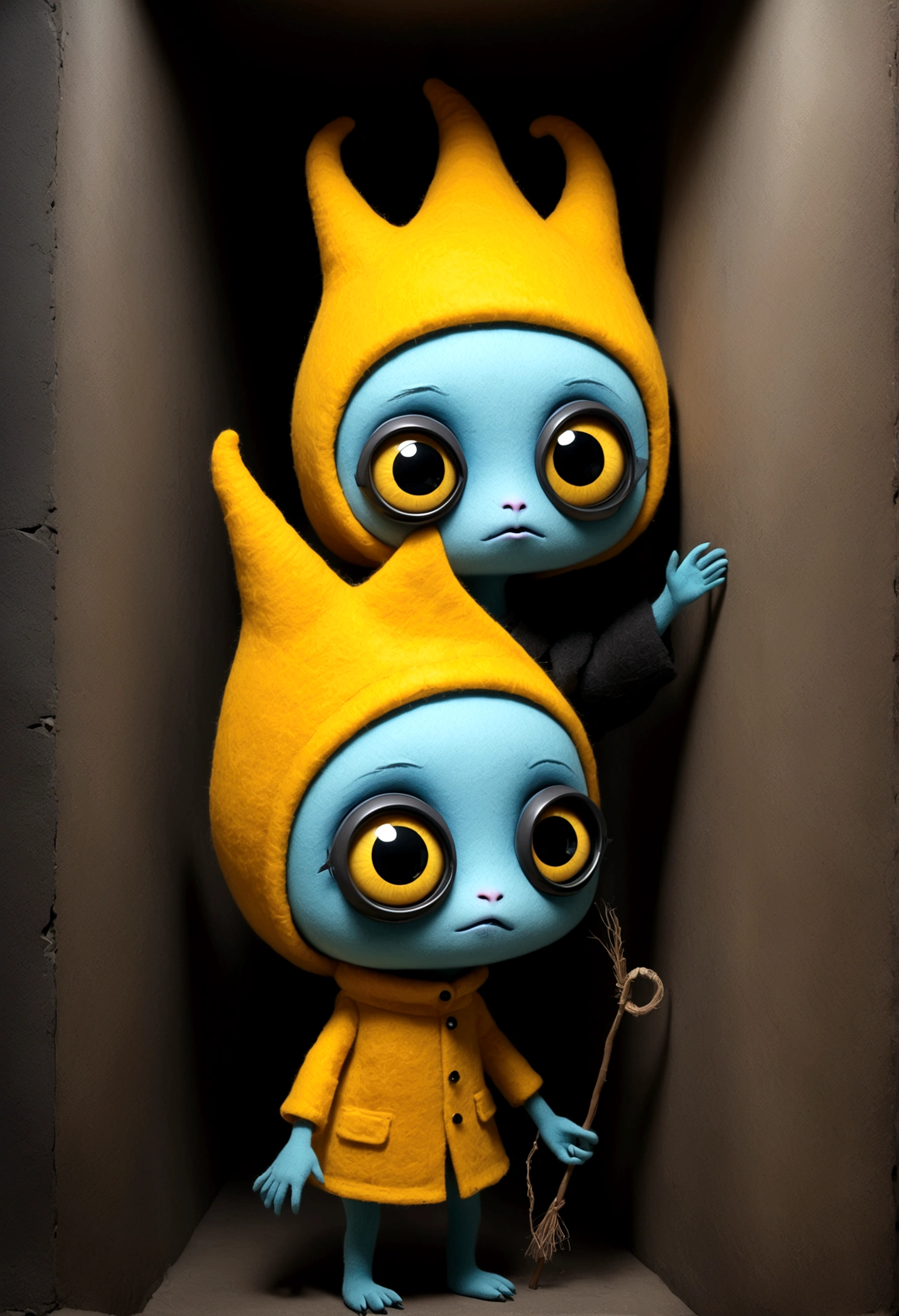 Digital Masterpiece by André Uhlisch Art, drawing inspiration from Chris Ryniak, Rebecca Sugar, and Andy Kehoe. An exploration of contrasting elements in a dystopian future. A spellbinding depiction of charming portrait adorable tiny doll casting long shadow puppet of cute wool sock monster on wall, delicate face, large eyes, whimsical, deep colors. naked girls, licking each other. These fiery ice blocks imprison an unusual and captivating sight. The creatures' bodies are adorned with striking yellow and black patterns, reminiscent of a bold, futuristic camouflage. With their heads crowned by radiant hats, they exude a whimsical, enchanting aura. They are surrounded Lurking in the shadows, grainy film noir, 1960s, cinematic,