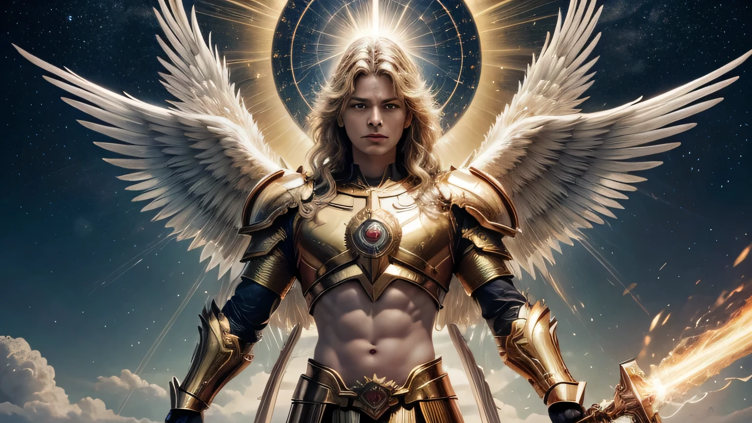 "Create a high definition image of Archangel Michael. The image must portray Archangel Michael as a celestial warrior, with a resolute and majestic expression. He must be wearing gold or silver armor, with large, powerful wings spread behind him, radiating divine light. Miguel must be wielding a flaming sword in one hand and a shield with a celestial symbol in the other. The scene should include a bright, heavenly light around him, emphasizing his position as leader of the heavenly armies. The background could be a celestial scene with clouds, rays of light and a starry sky, reflecting majesty and divine protection. Details such as the strength and authority in Miguel's face are important to capture the essence of his figure.. Use vibrant, realistic colors for an impactful visual effect."
