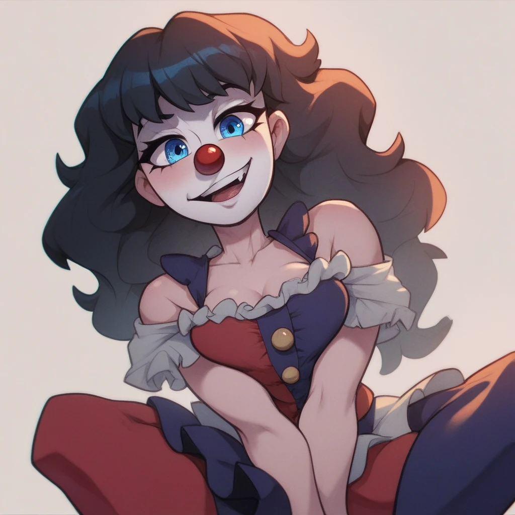Ralph Bakshi Style, Curvy blue eyed girl with long wavy black hair and small breasts, clown-girl, (cruel_expression):4.0, lewd:2.0