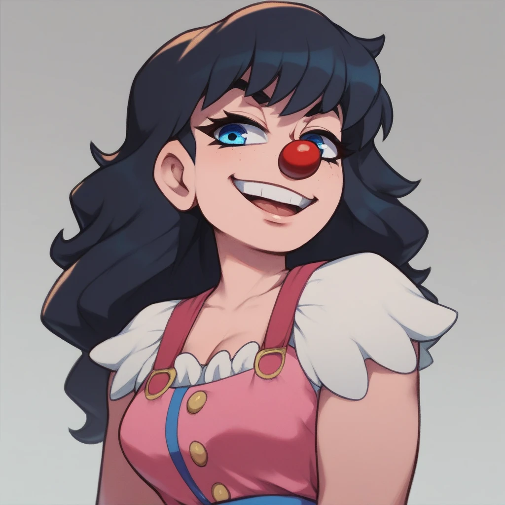 Ralph Bakshi Style, Curvy blue eyed girl with long wavy black hair and small breasts, clown-girl, (cruel_expression):4.0, lewd:2.0