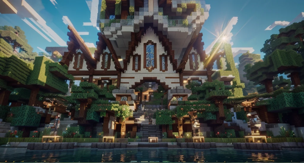 Make this Minecraft screenshot more colorful and vibrant. Add realistic shadows and lighting effects as if shaders were applied. Enhance the textures and details of the environment, making the foliage lush and the structures clear and defined. Improve the sky with dynamic clouds and subtle sun rays for a more immersive feel. Ensure the overall image has a high-quality, visually stunning look with advanced shader effects.