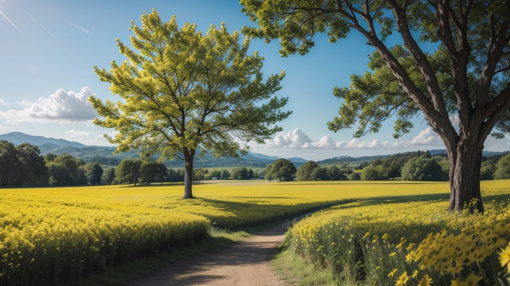 landscape with tree with yellow flowers