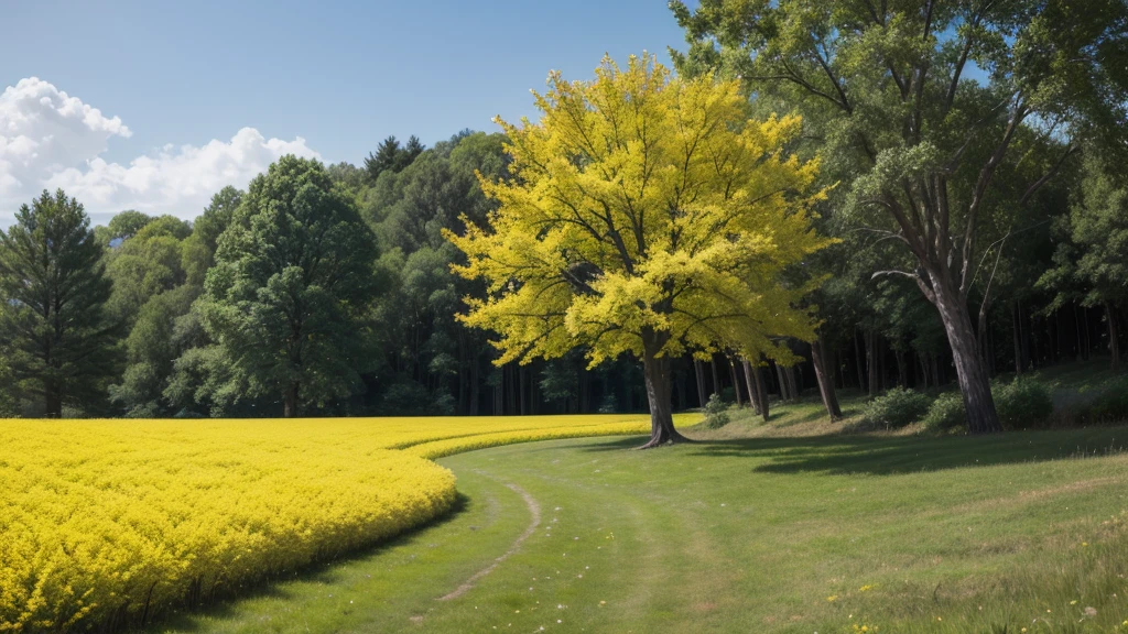 landscape with tree with yellow flowers