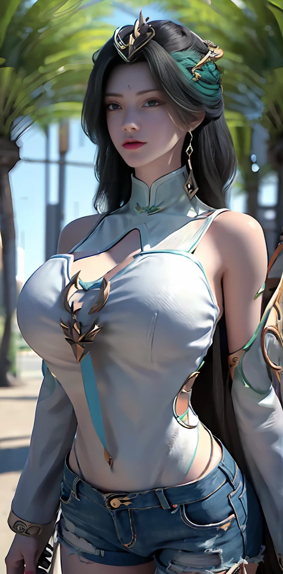 ((Huge breast, cute  girl,)),  (chiseled abs : 1.1), (perfect body : 1.1), (short wavy hair : 1.2) , auburn hair, collar, chain, full body shot, crowded street, wearing tanktop, jeans jacket, (torn clothes:1.3)((shorts)), (extremely detailed CG 8k wallpaper), (an extremely delicate and beautiful), (masterpiece), (best quality:1.0), (ultra highres:1.0),  beautiful lighting ,perfect lightning, realistic shadows, [highres], detailed skin, ultra-detailed (((colorful))),high realistic,