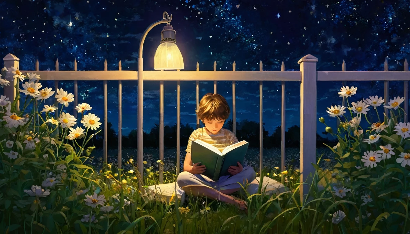 boy reading a book next to her lamp behind a fence in a flower field by the starry night
