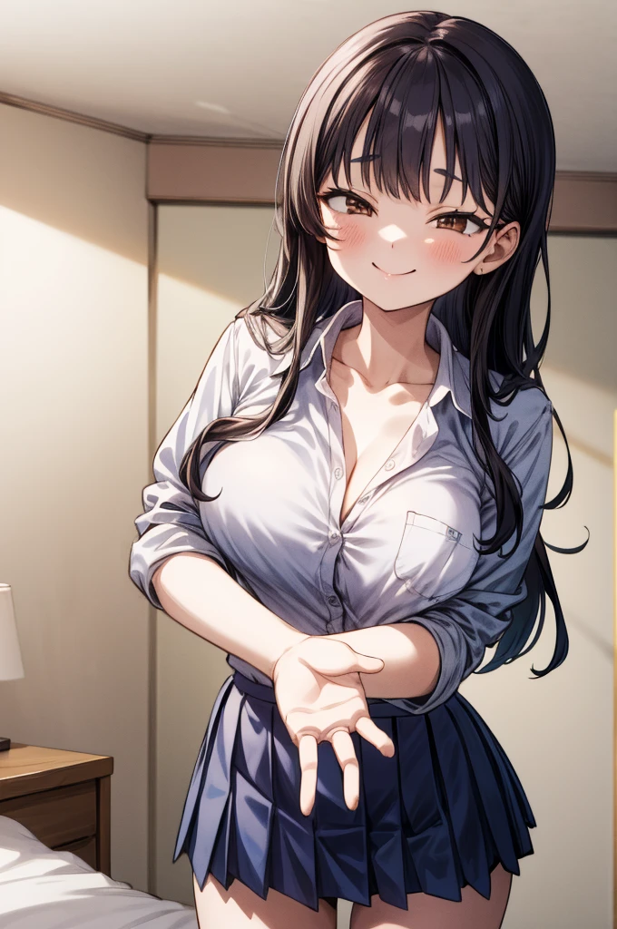 huge breasts,,masterpiece, best quality, highres, aaanna, long hair, brown eyes, collarbone, collared shirt, white shirt, sleeves rolled up, pleated skirt, blue skirt, miniskirt,, smile, my room,(((Grabbing breasts)))